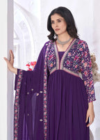 Purple Magenta Floral Print With Embroidery Work Gown With Dupatta