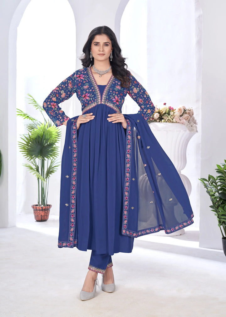 Royal Blue Floral Print With Embroidery Work Gown With Dupatta - qivii