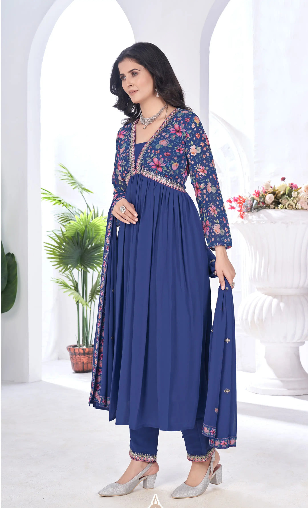 Royal Blue Floral Print With Embroidery Work Gown With Dupatta - qivii
