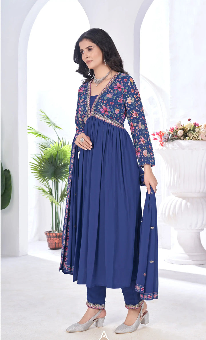 Royal Blue Floral Print With Embroidery Work Gown With Dupatta - qivii