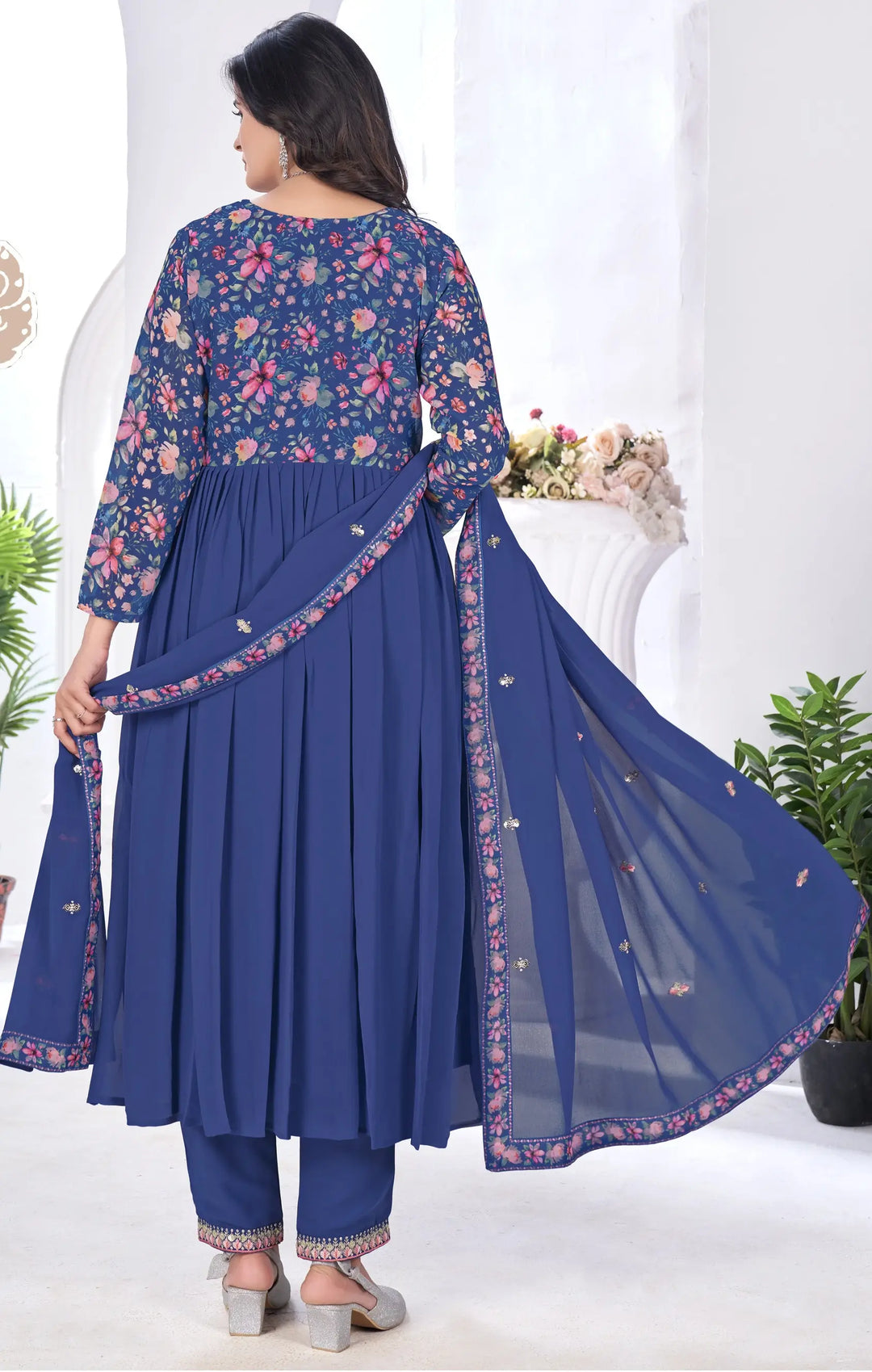 Royal Blue Floral Print With Embroidery Work Gown With Dupatta - qivii