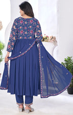 Royal Blue Floral Print With Embroidery Work Gown With Dupatta