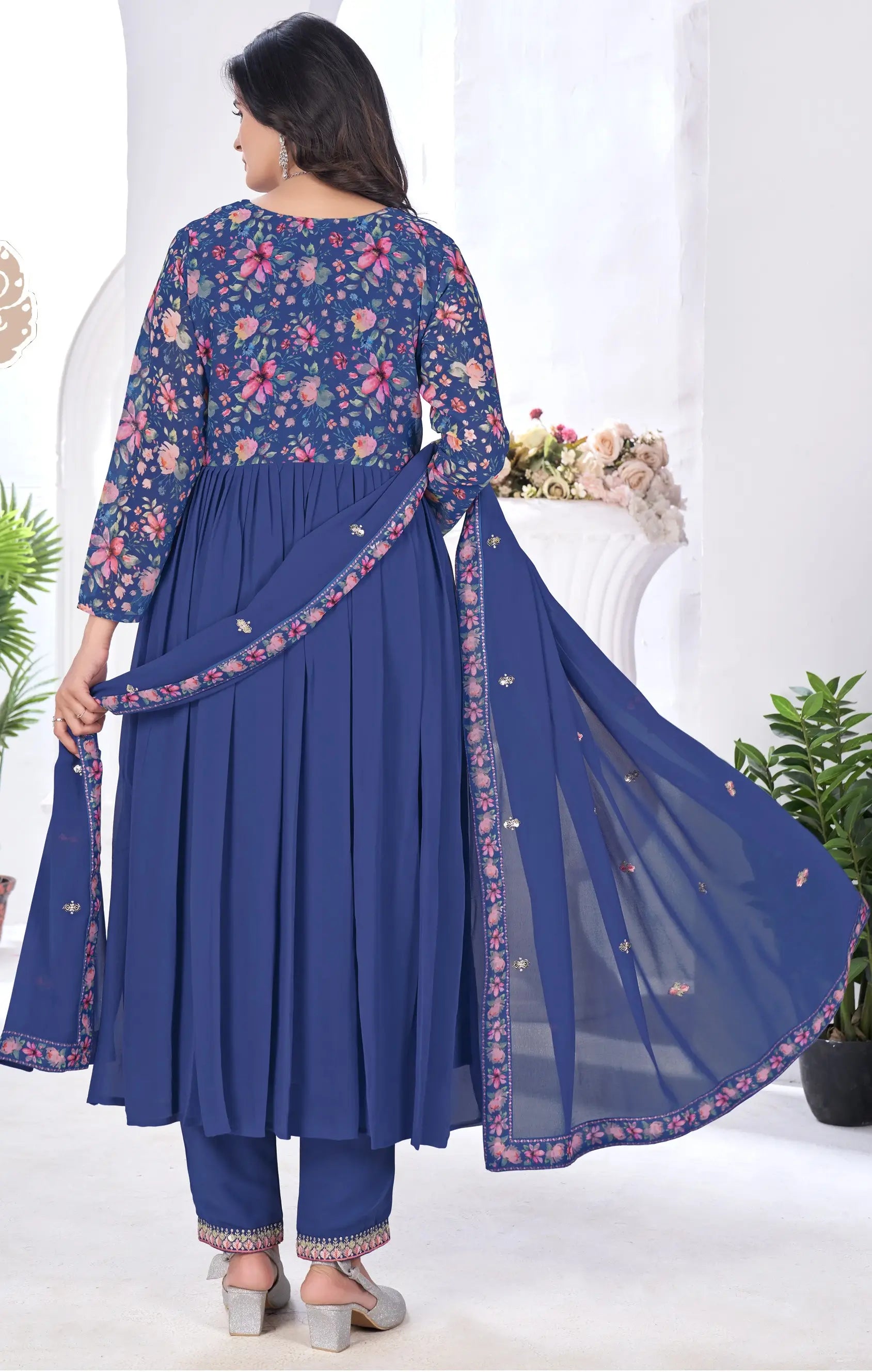 Royal Blue Floral Print With Embroidery Work Gown With Dupatta