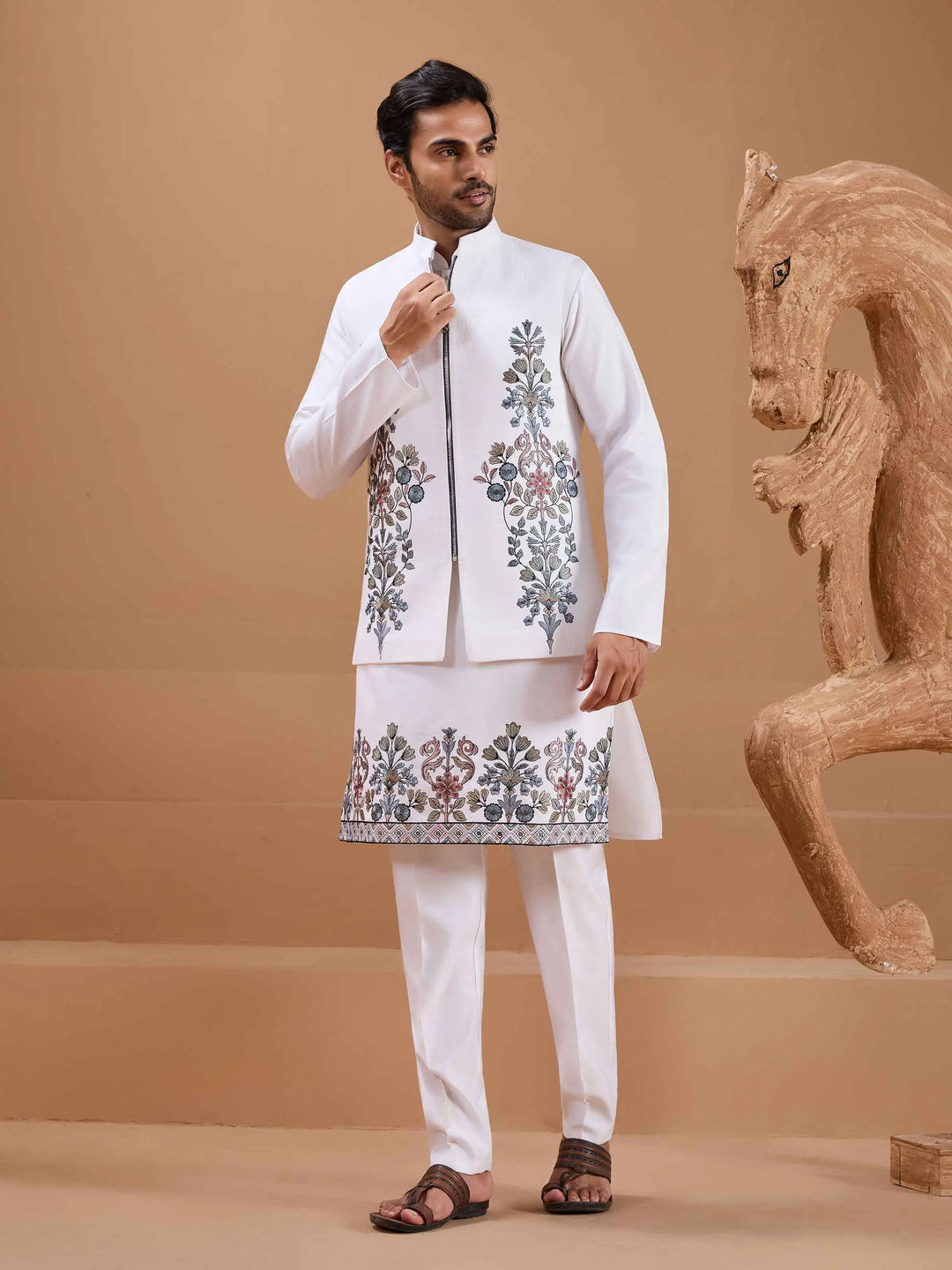 White Elegant Sequins Embroidery Kurta Set With Jacket - qivii