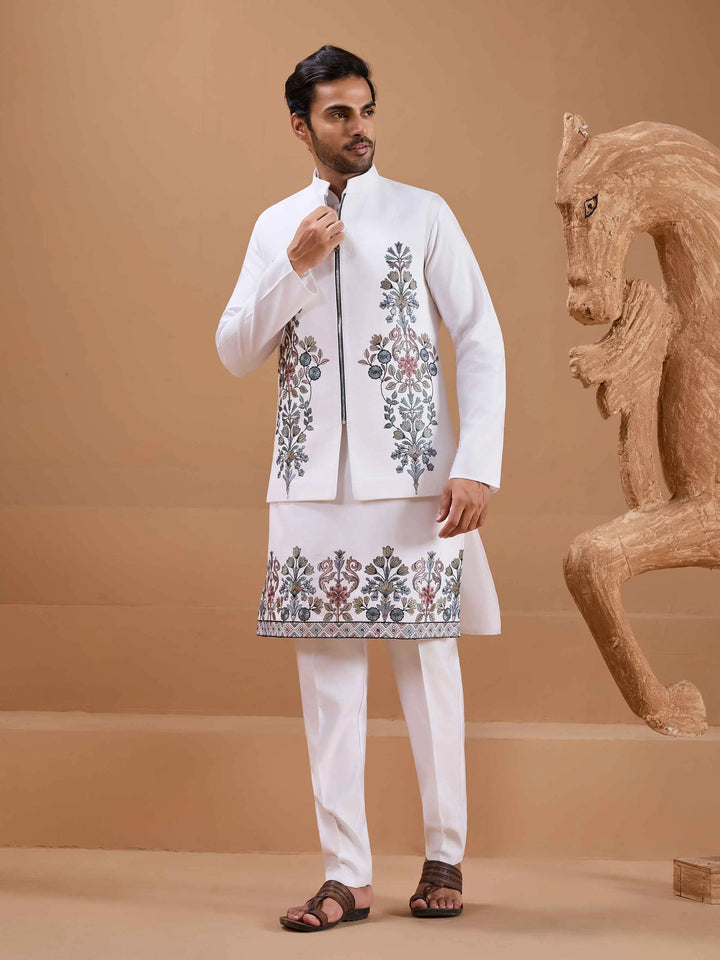 White Elegant Sequins Embroidery Kurta Set With Jacket - qivii