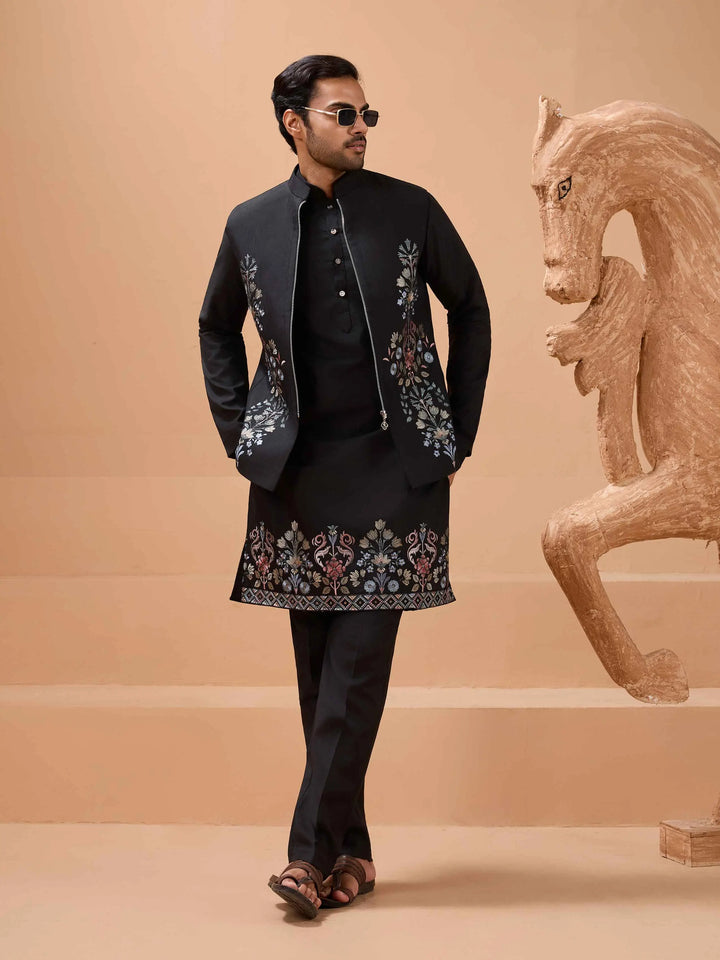 Stylish Black Kurta Set With Sequins Embroidery Jacket - qivii
