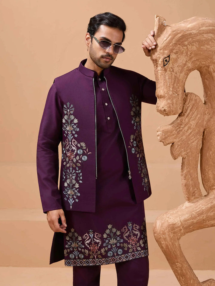Plum Purple Kurta Set With Sequins Embroidery Jacket - qivii