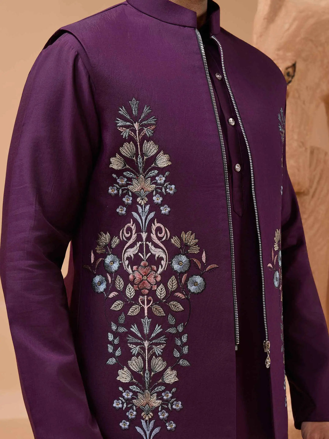 Plum Purple Kurta Set With Sequins Embroidery Jacket - qivii