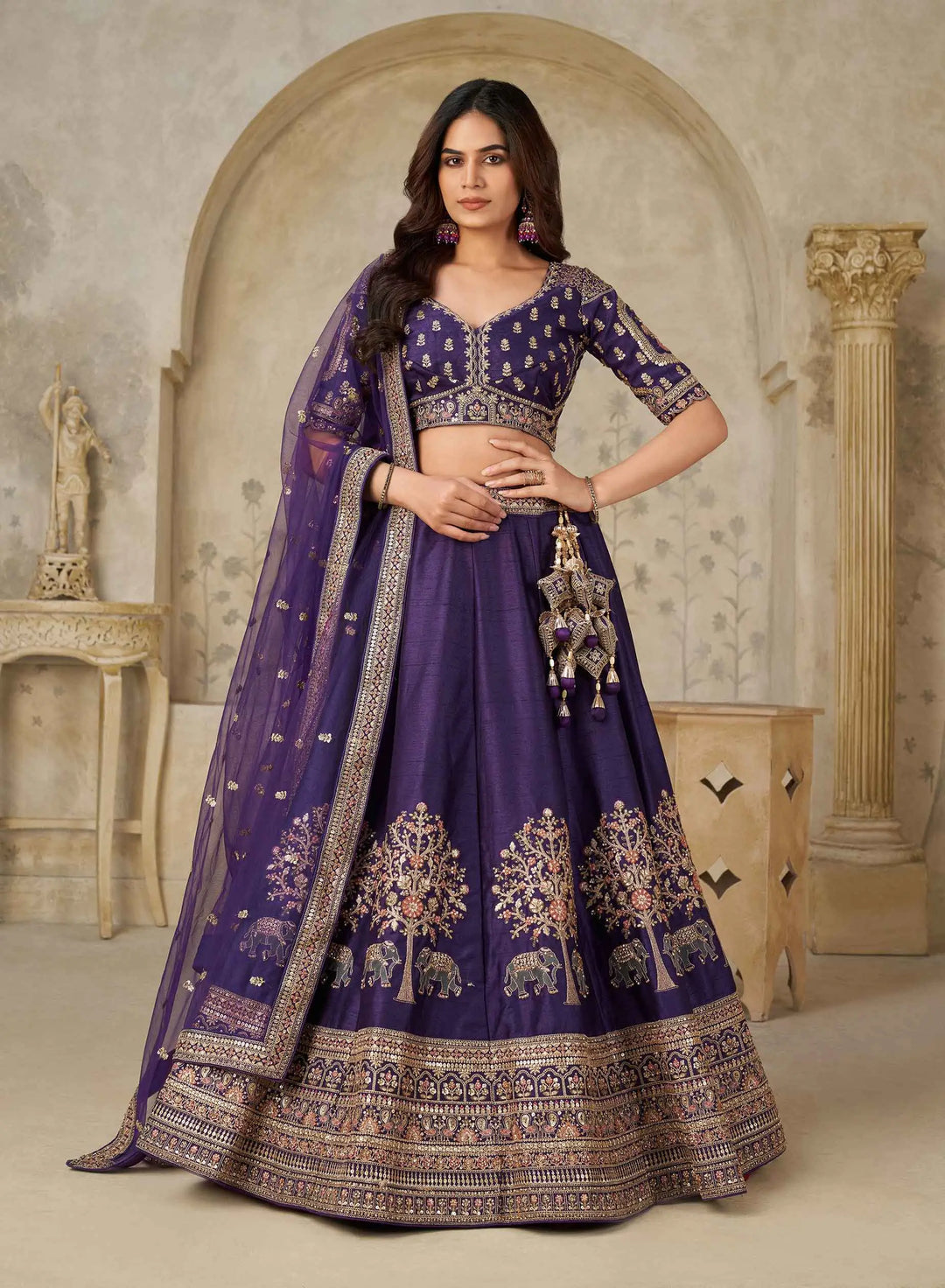 Royal Purple Wedding Lehenga with Elephant Motifs - qivii