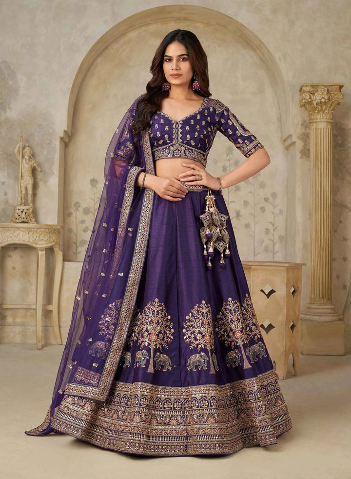 Royal Purple Wedding Lehenga with Elephant Motifs - qivii