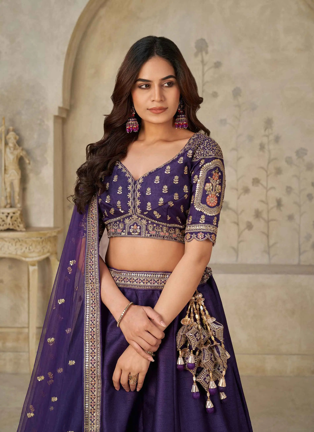 Royal Purple Wedding Lehenga with Elephant Motifs - qivii