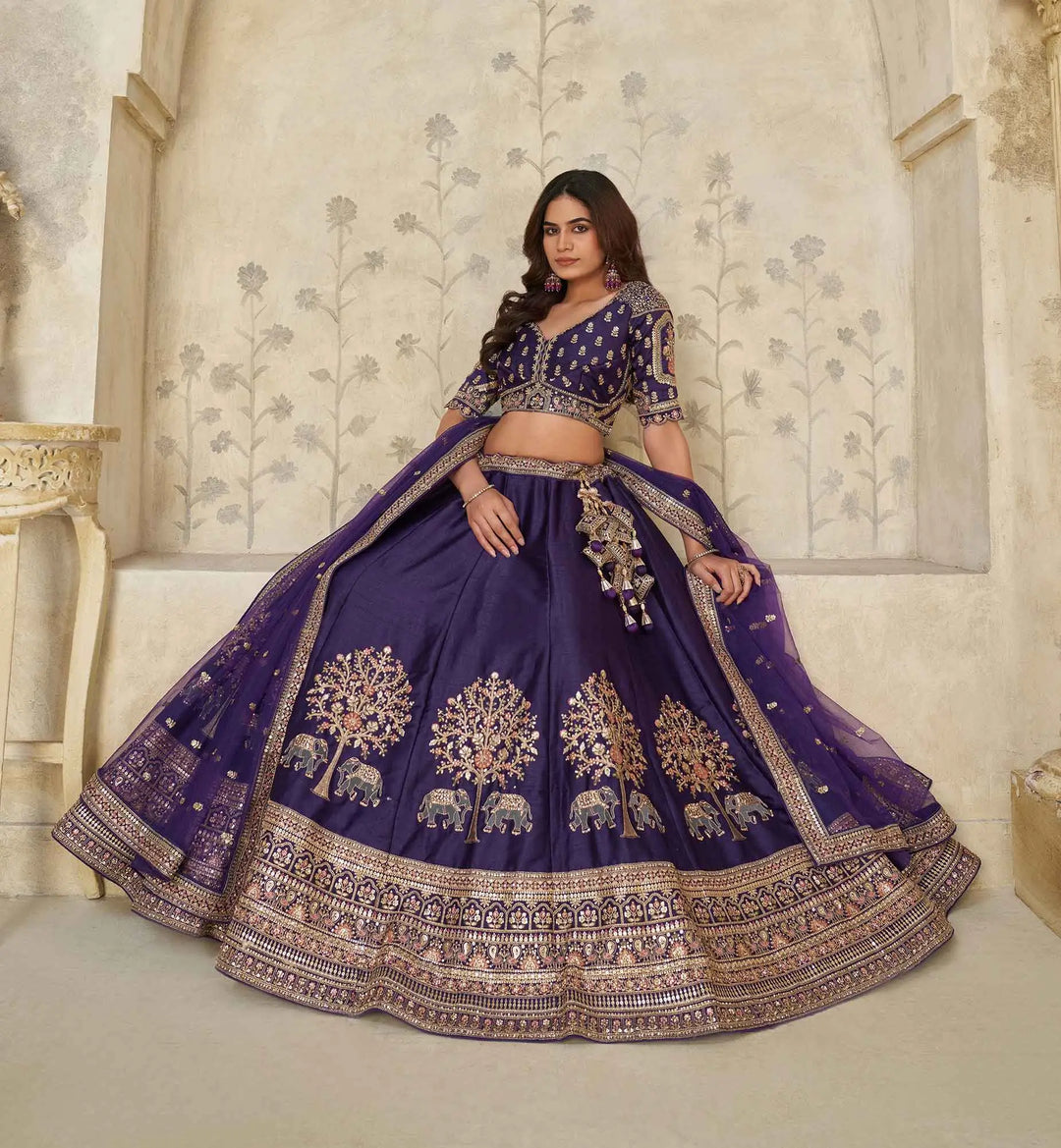 Royal Purple Wedding Lehenga with Elephant Motifs - qivii