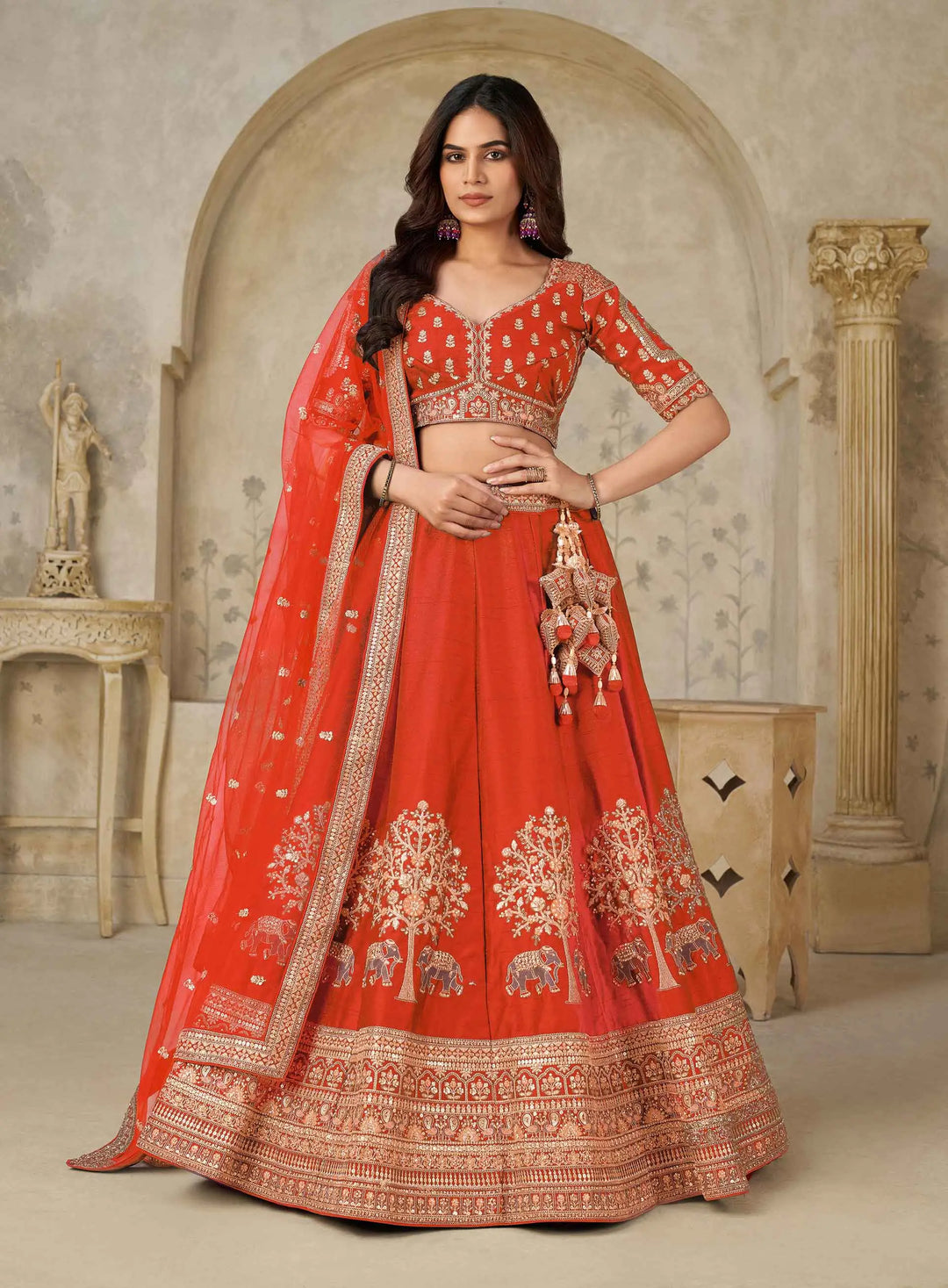 Trendy Rust Wedding Lehenga with Elephant Motifs - qivii
