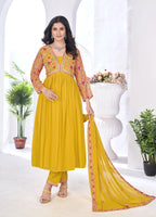 Yellow Floral Print With Embroidery Work Gown With Dupatta