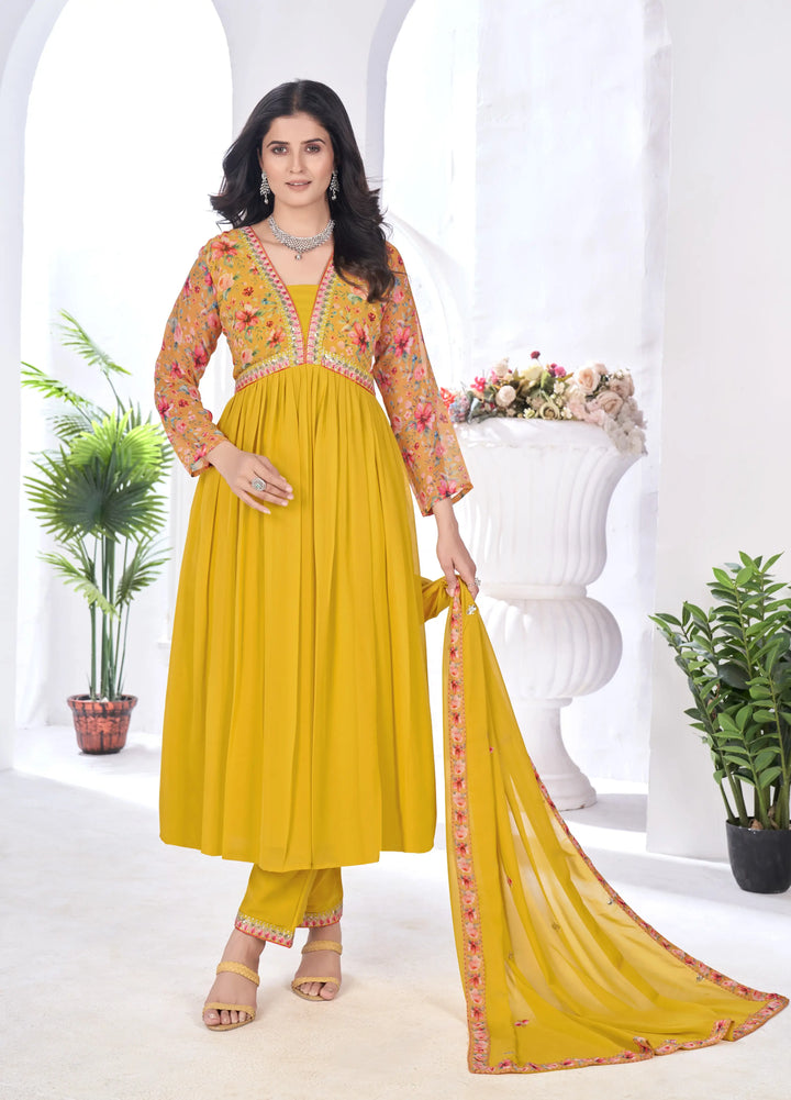 Yellow Floral Print With Embroidery Work Gown With Dupatta - qivii