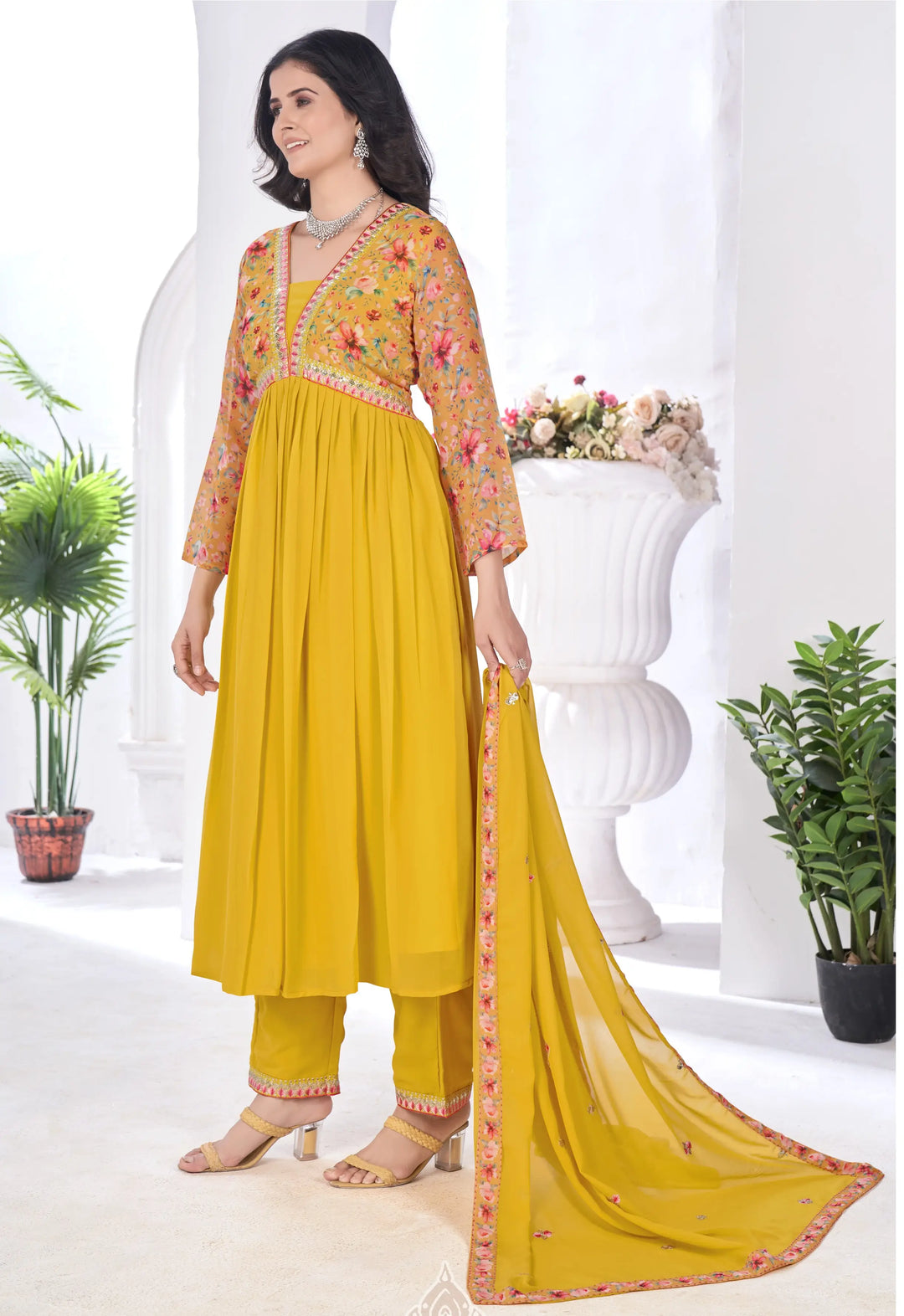 Yellow Floral Print With Embroidery Work Gown With Dupatta - qivii