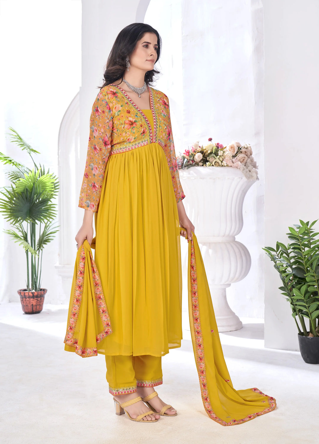 Yellow Floral Print With Embroidery Work Gown With Dupatta - qivii