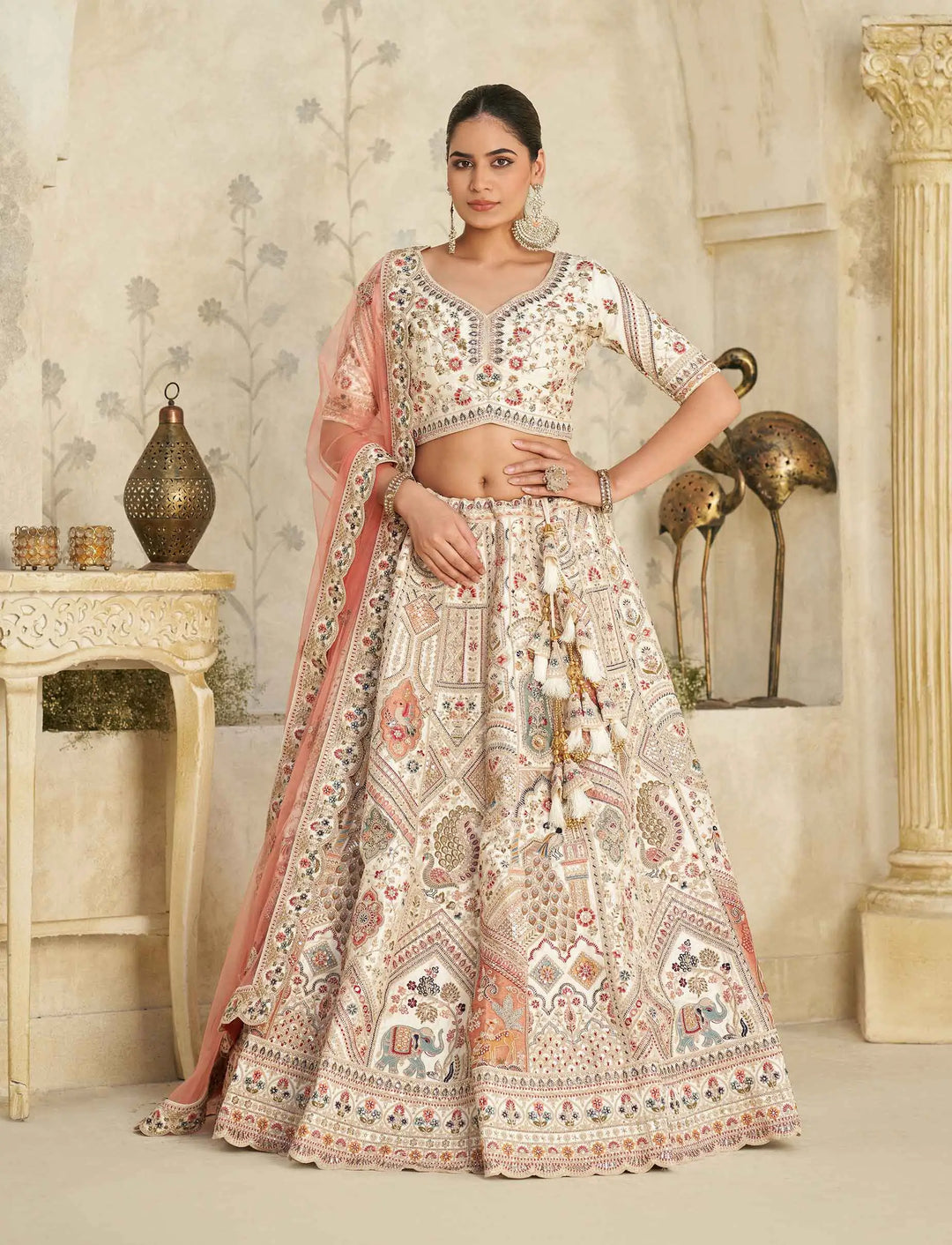 Cream Lehenga With Intricate Royal Embroidery Motifs - qivii