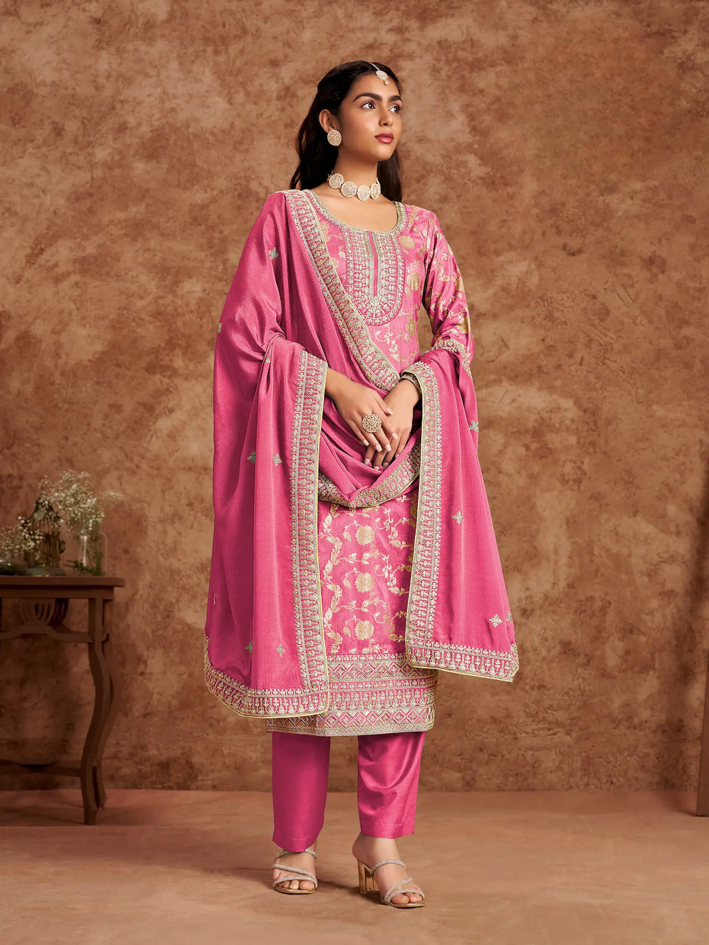 Pink Dola Silk Palazzo Salwar Suit With Thread & Sequins Embroidery Work