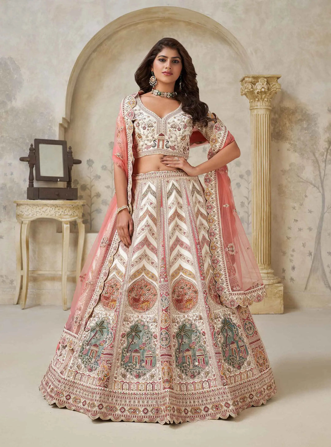 Designer Lehenga with Paisley Motifs & White Dori Work - qivii