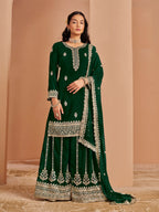 Green Georgette Palazzo Salwar Suit With Thread & Sequins Embroidery Work