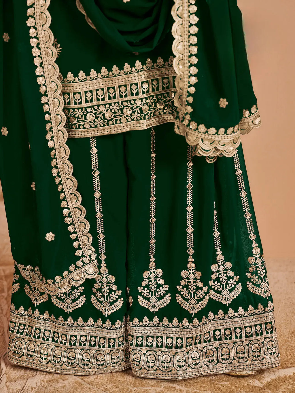 Green Georgette Palazzo Salwar Suit With Thread & Sequins Embroidery Work