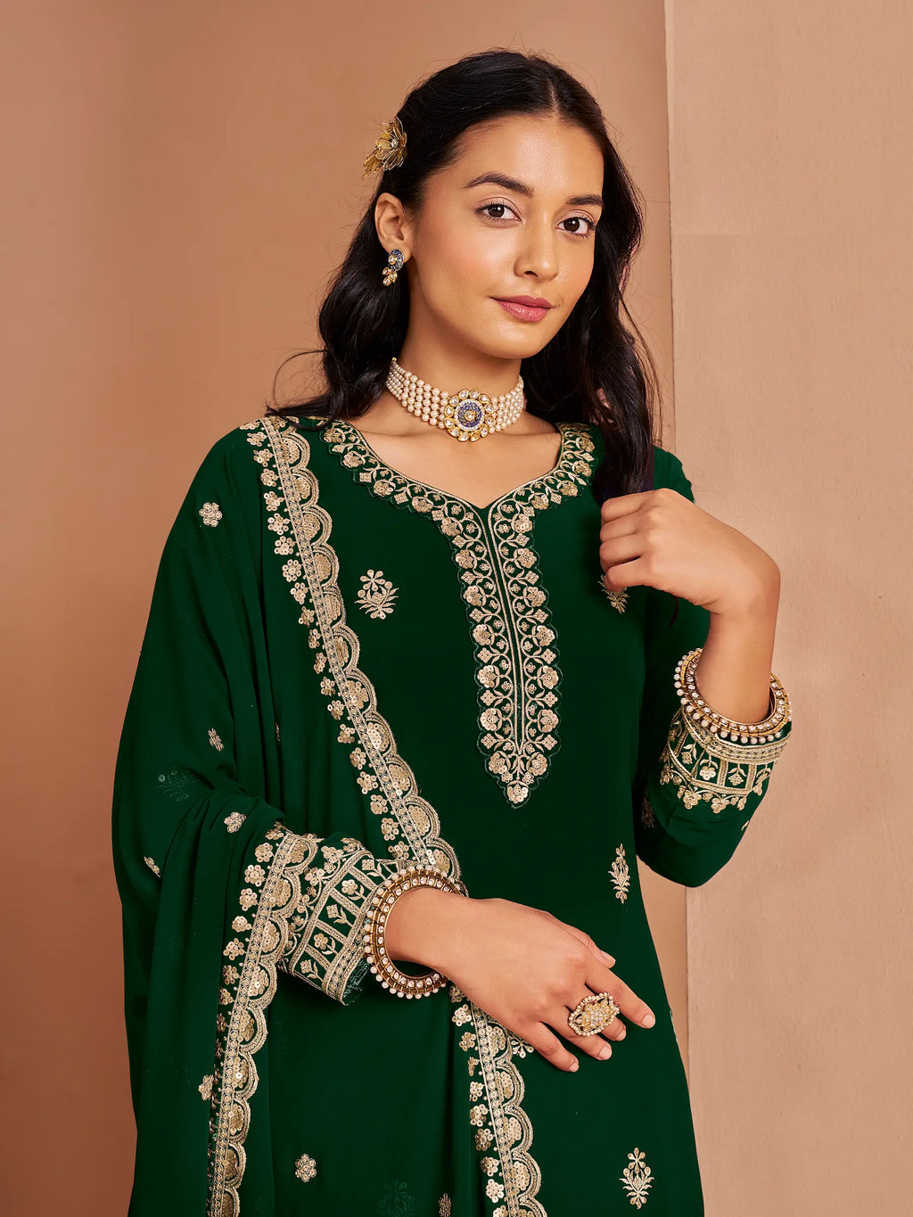 Green Georgette Palazzo Salwar Suit With Thread & Sequins Embroidery Work