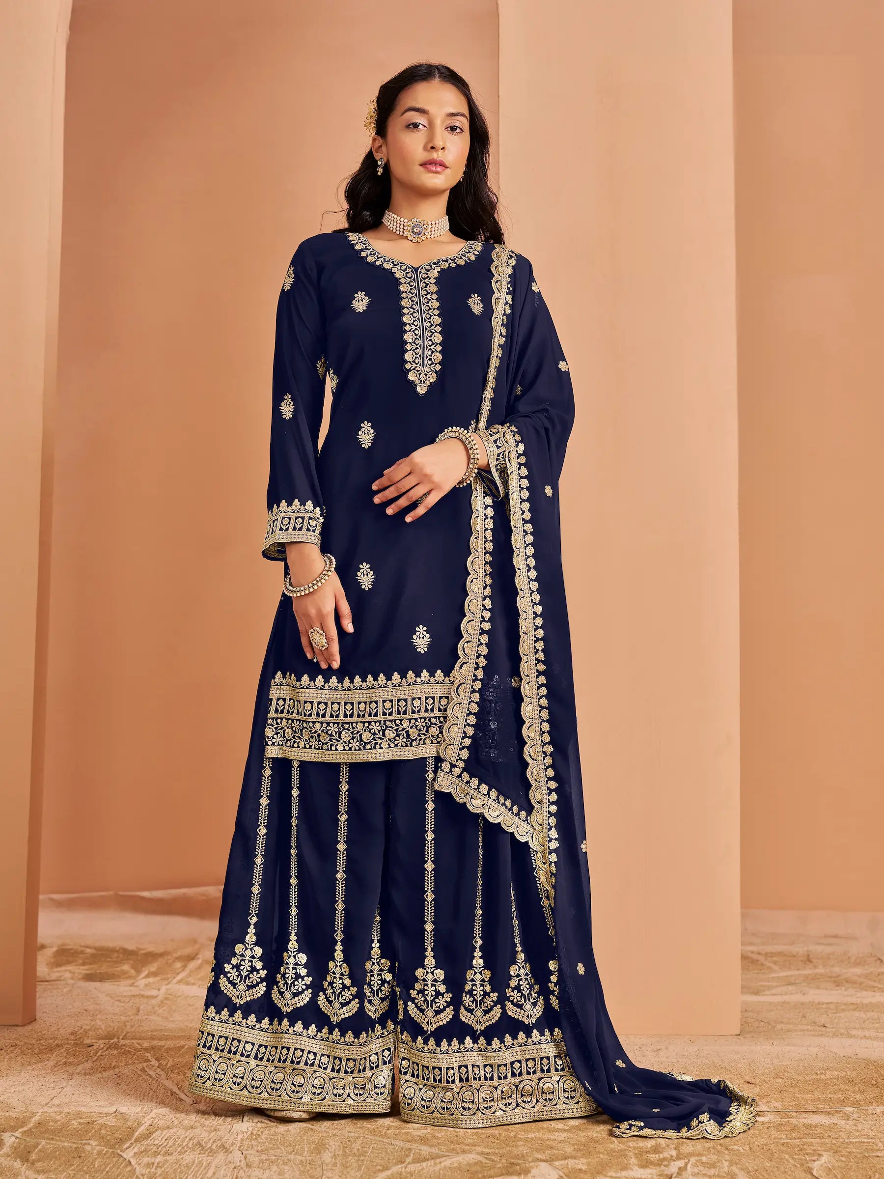 Navy Blue Georgette Palazzo Salwar Suit With Thread & Sequins Embroidery Work