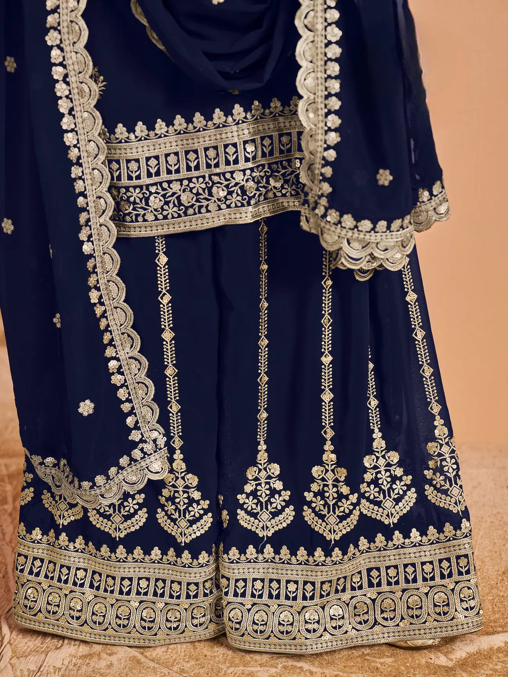 Navy Blue Georgette Palazzo Salwar Suit With Thread & Sequins Embroidery Work