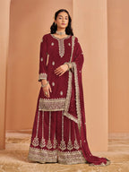 Maroon Georgette Palazzo Salwar Suit With Thread & Sequins Embroidery Work