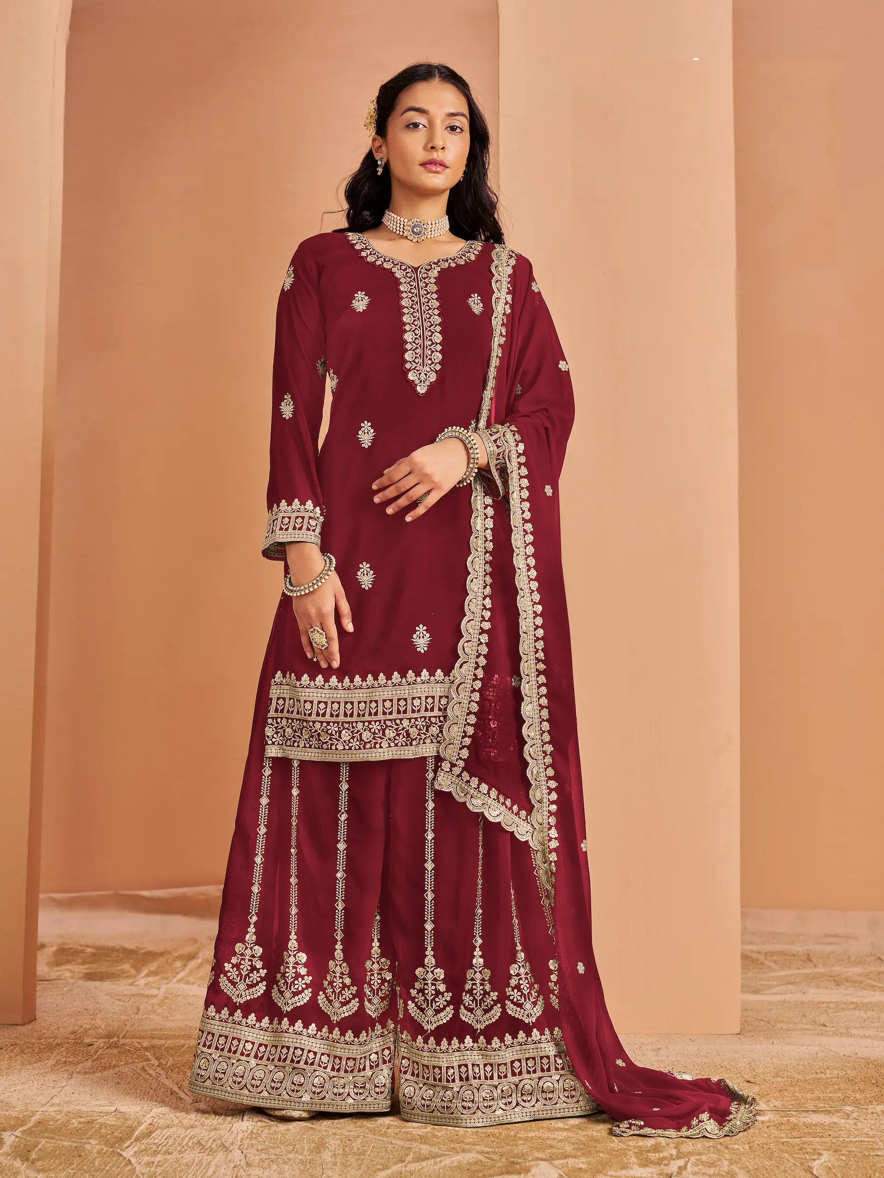 Maroon Georgette Palazzo Salwar Suit With Thread & Sequins Embroidery Work