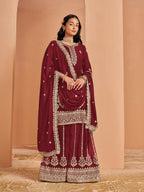 Maroon Georgette Palazzo Salwar Suit With Thread & Sequins Embroidery Work
