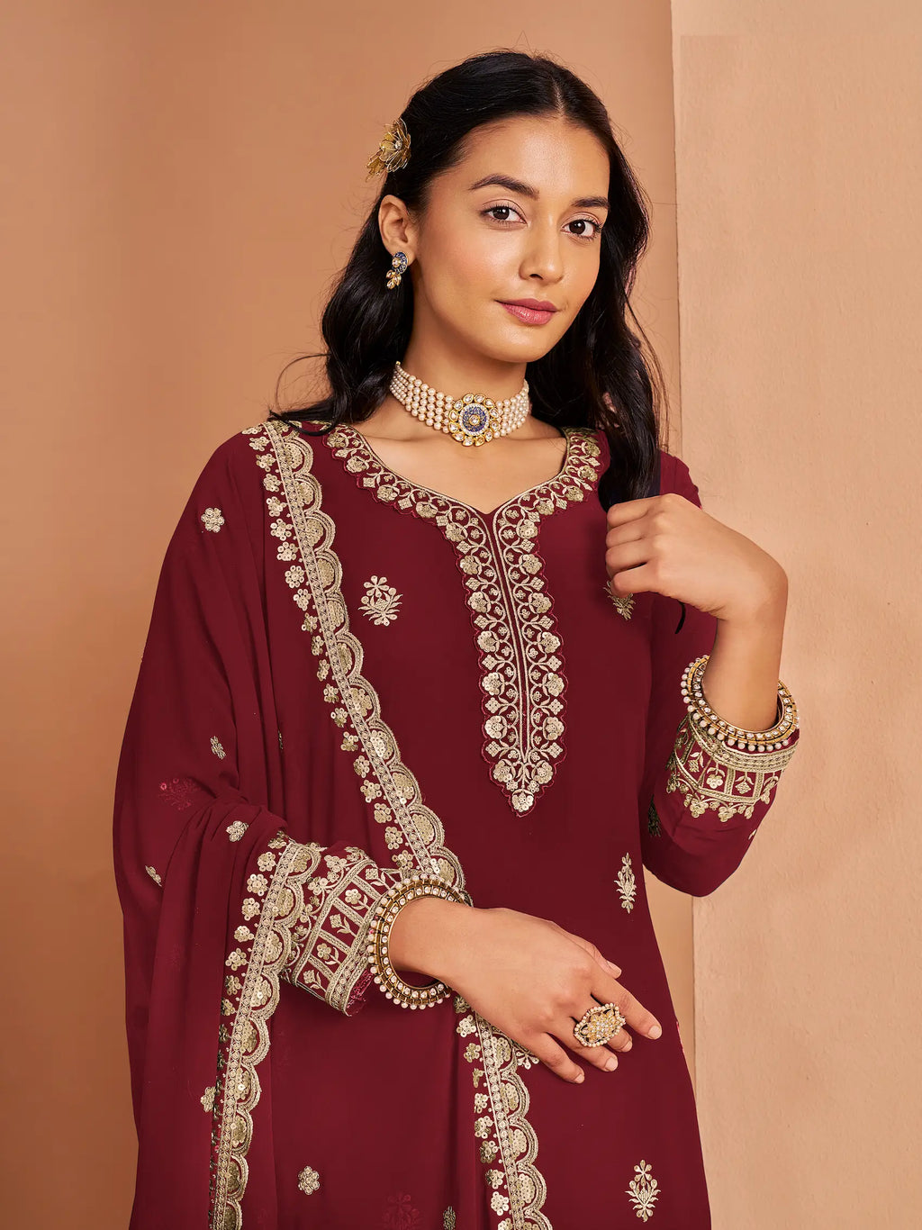 Maroon Georgette Palazzo Salwar Suit With Thread & Sequins Embroidery Work