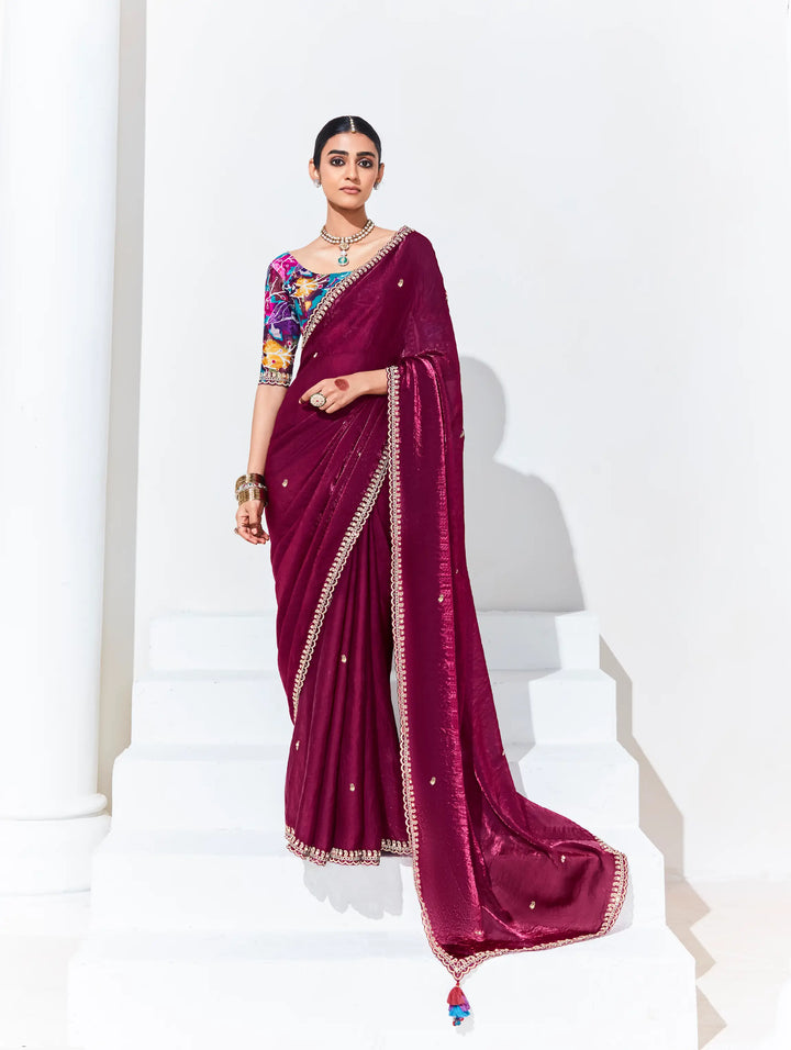 Wine Red Glass Organza Saree With Digital Print,  Sequence & Thread Embroidery Work - qivii