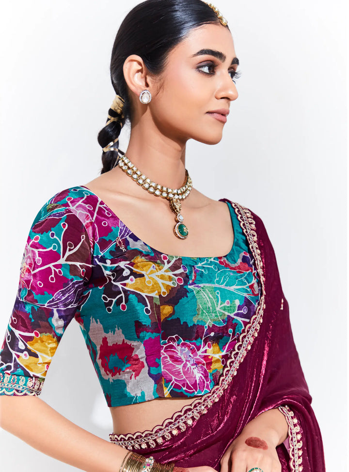 Wine Red Glass Organza Saree With Digital Print,  Sequence & Thread Embroidery Work - qivii