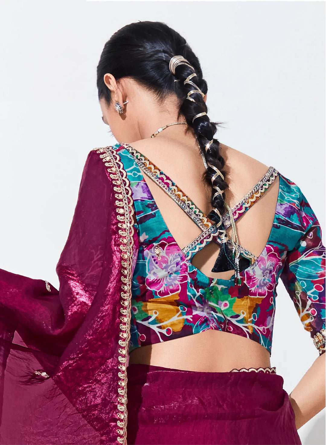 Wine Red Glass Organza Saree With Digital Print,  Sequence & Thread Embroidery Work - qivii