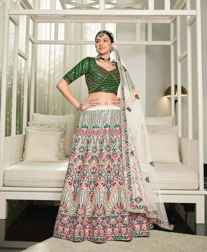 White-Green Silk Thread with Sequence Embroidery Work Lehenga Choli | Ready To Wear - qivii