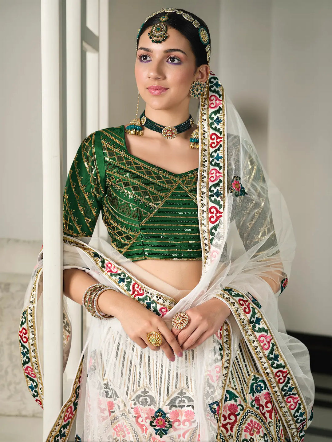White-Green Silk Thread with Sequence Embroidery Work Lehenga Choli | Ready To Wear - qivii