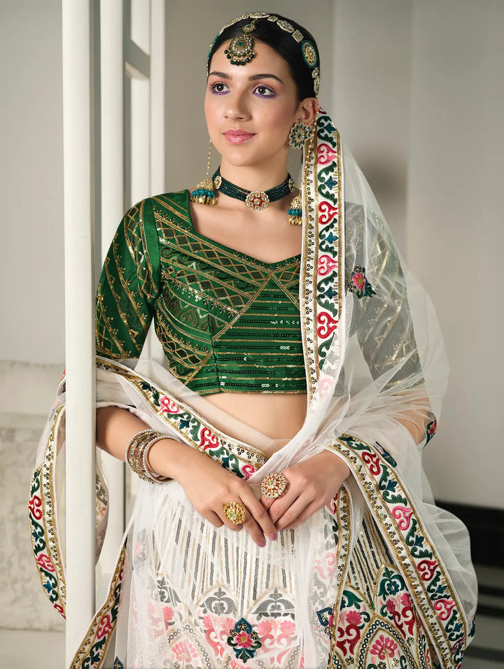 White-Green Silk Thread with Sequence Embroidery Work Lehenga Choli | Ready To Wear - qivii