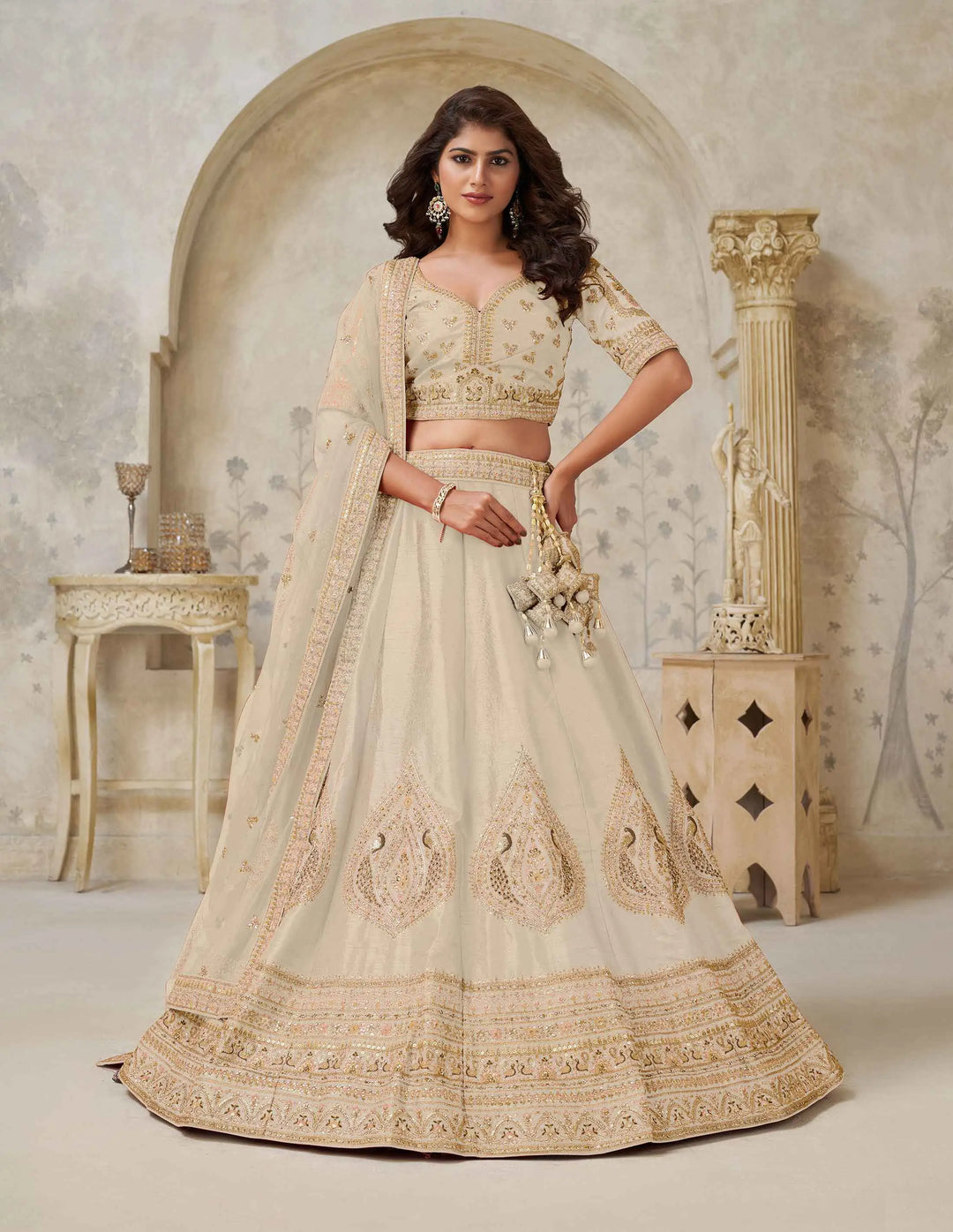 Elegant Beige Wedding Lehenga With Leaf Embroidery - qivii