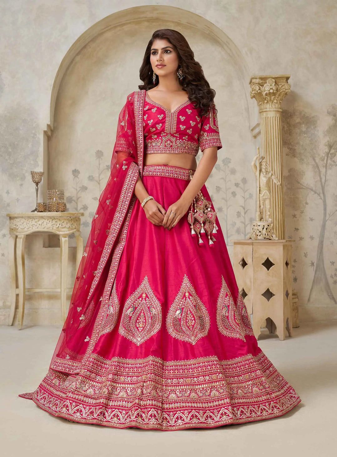Pink Wedding Lehenga With Leaf Motifs - qivii