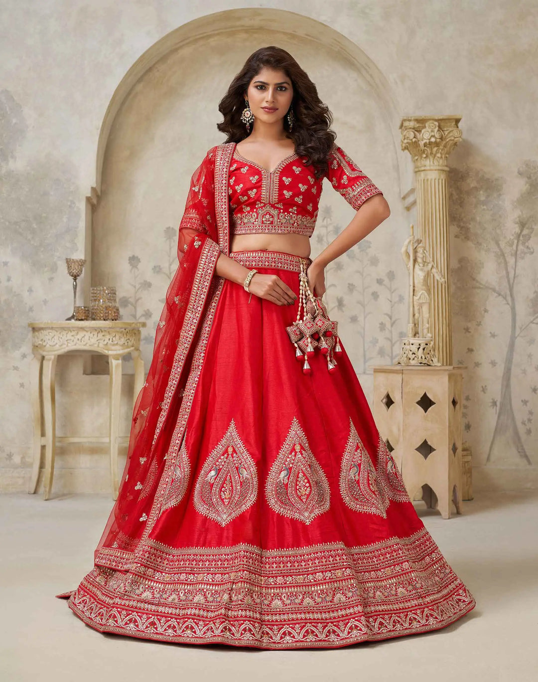 Red Wedding Silk Lehenga With Leaf Embroidery - qivii