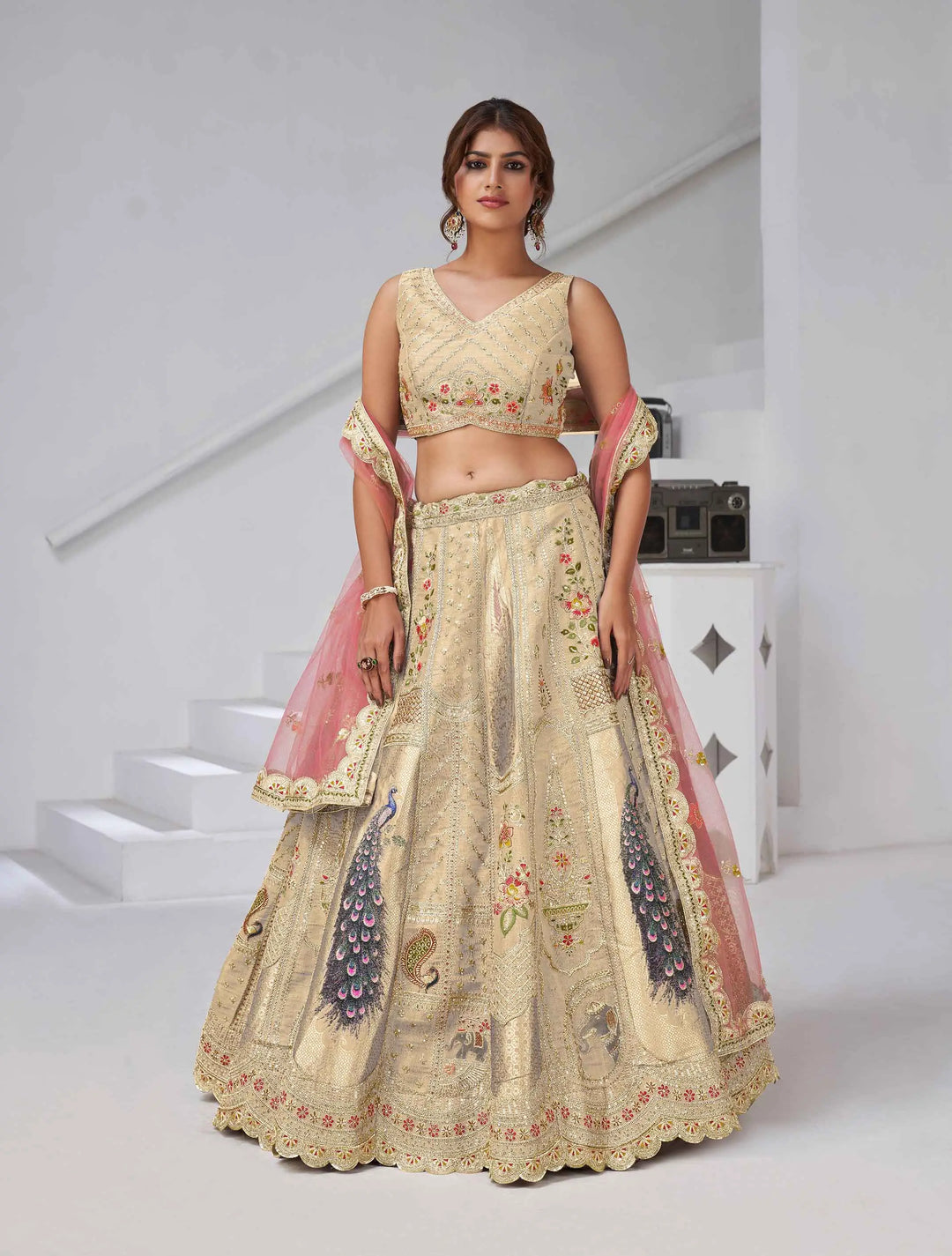 Ivory Silk Designer Lehenga With Peacock Feather Work - qivii
