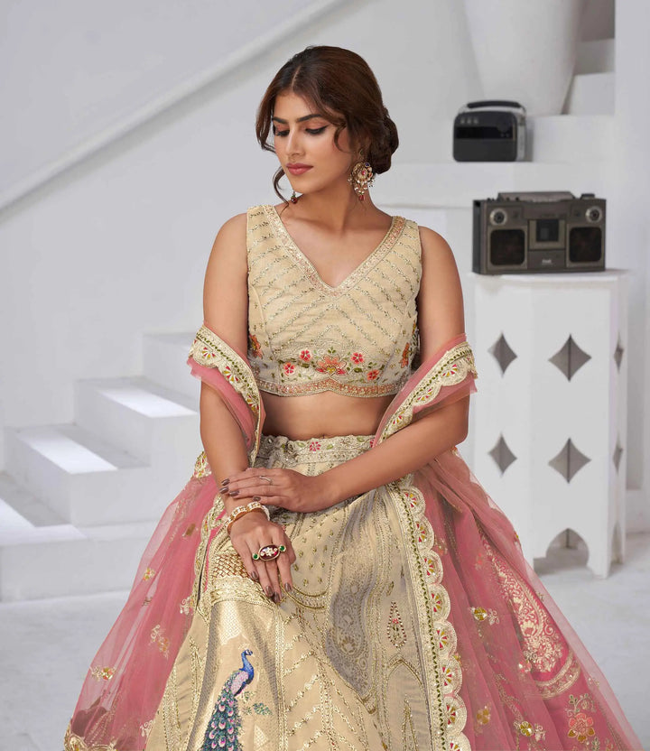 Ivory Silk Designer Lehenga With Peacock Feather Work - qivii