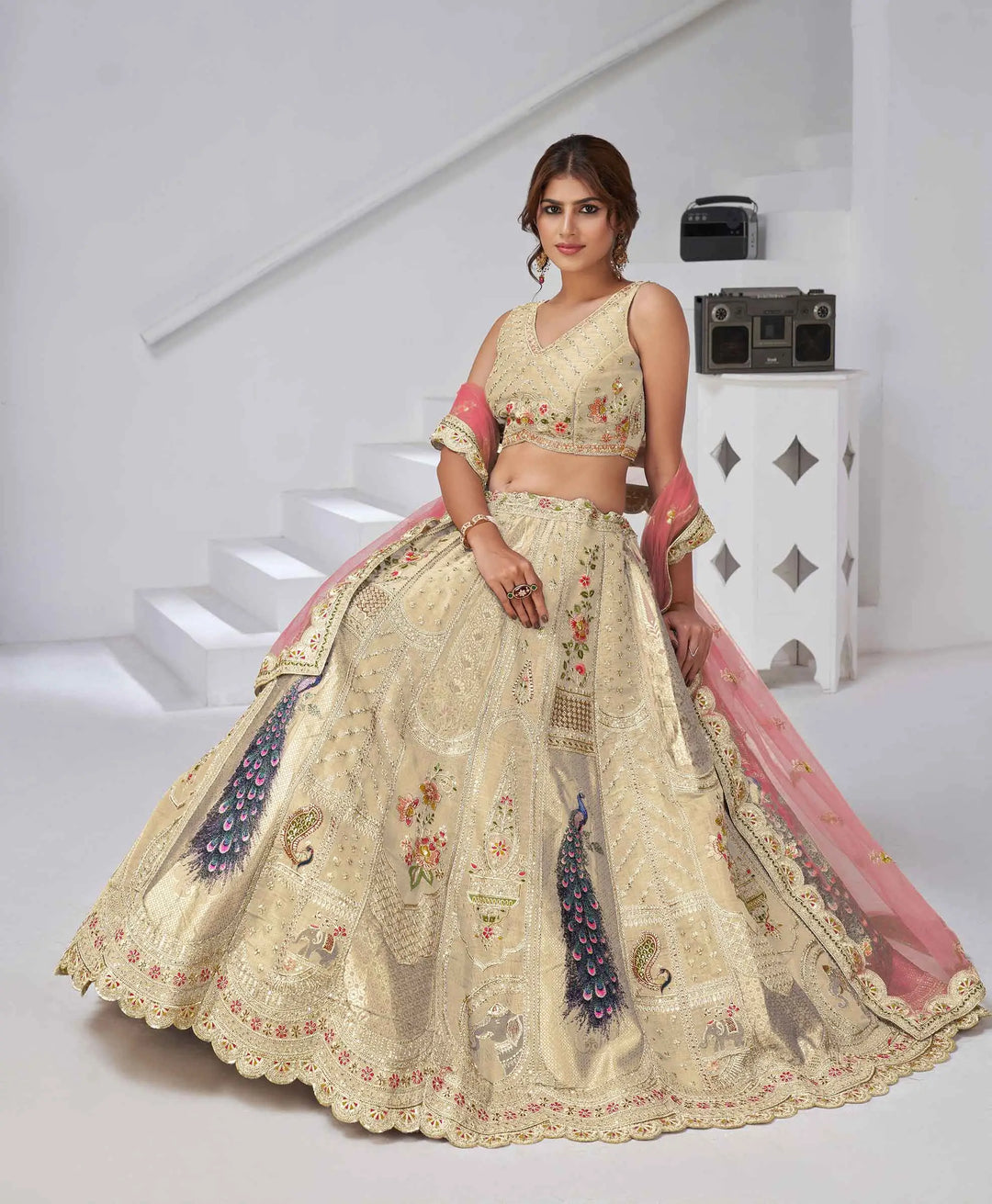 Ivory Silk Designer Lehenga With Peacock Feather Work - qivii