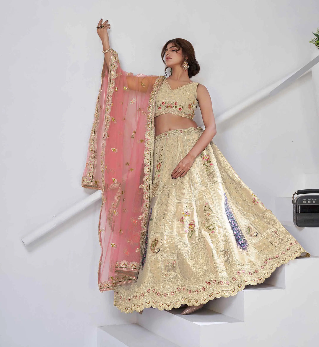 Ivory Silk Designer Lehenga With Peacock Feather Work - qivii
