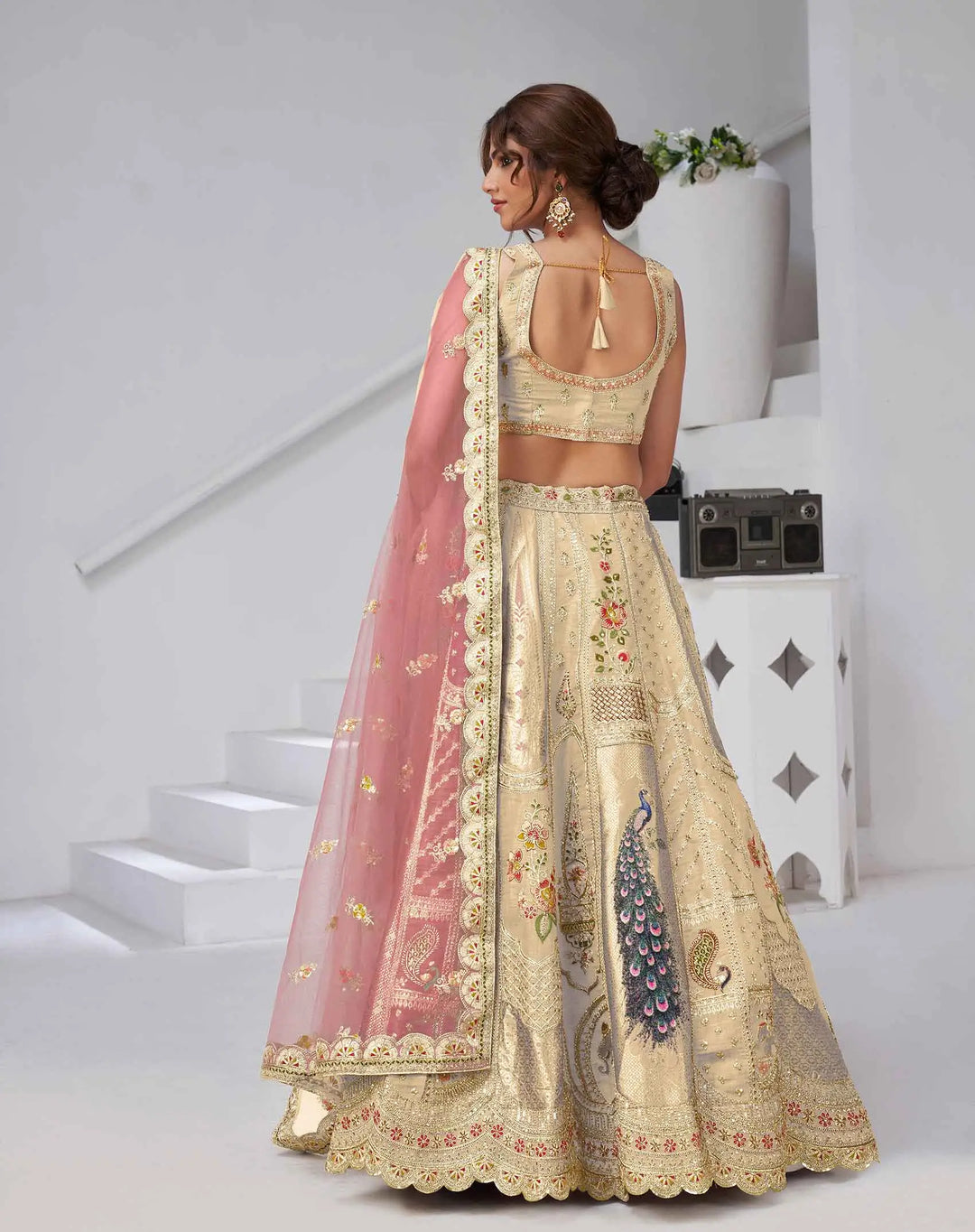 Ivory Silk Designer Lehenga With Peacock Feather Work - qivii