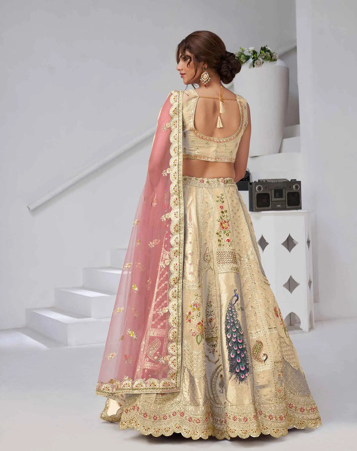 Ivory Silk Designer Lehenga With Peacock Feather Work - qivii