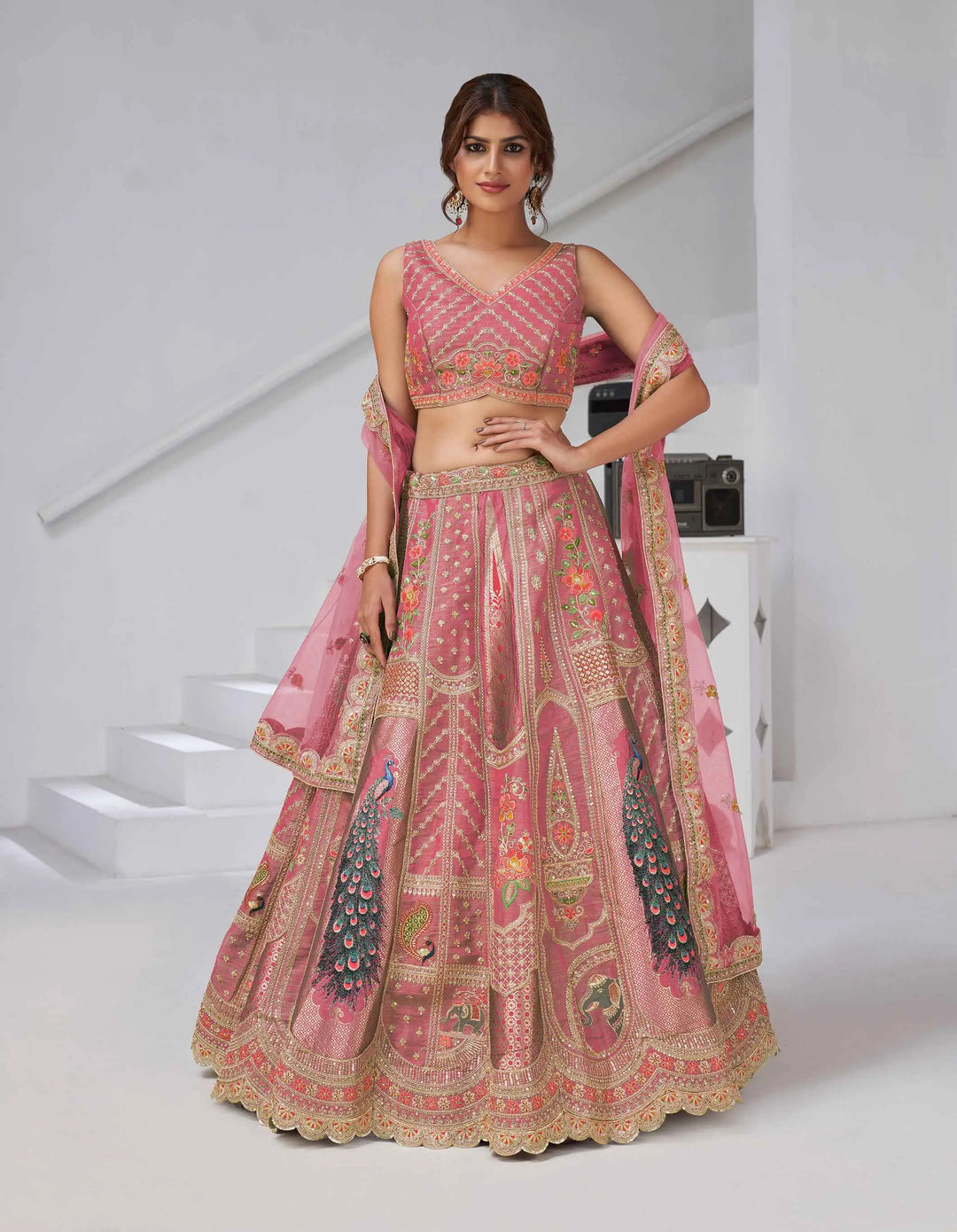 Designer Pink Silk Lehenga With Peacock Feather Work - qivii