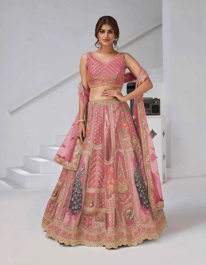 Designer Pink Silk Lehenga With Peacock Feather Work - qivii